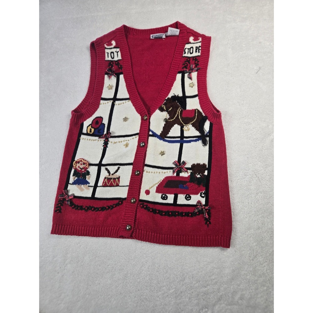 Vintage Capacity Toy Store Christmas Sweater Vest Red Embroidered Beaded Small